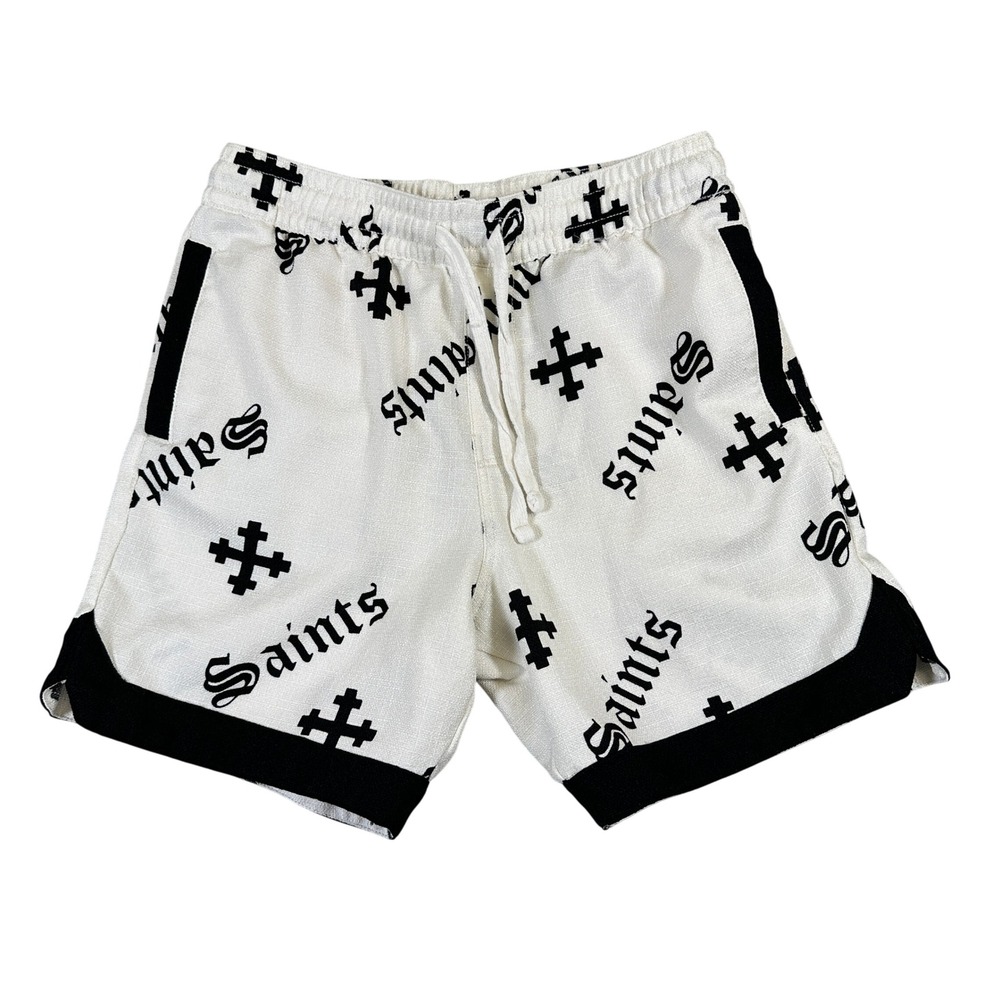 Saints Studio Mens Mesh Basketball Shorts White Black Cross Gothic Print Small